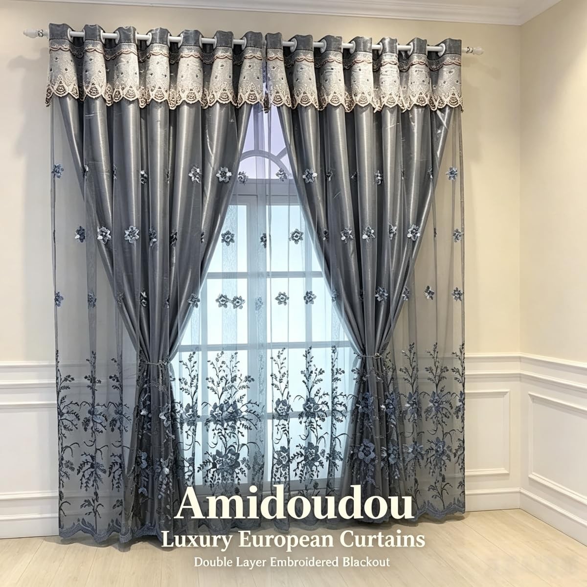1 Pair European Double Layer Curtains for Living Room Bedroom Luxury Flower E…