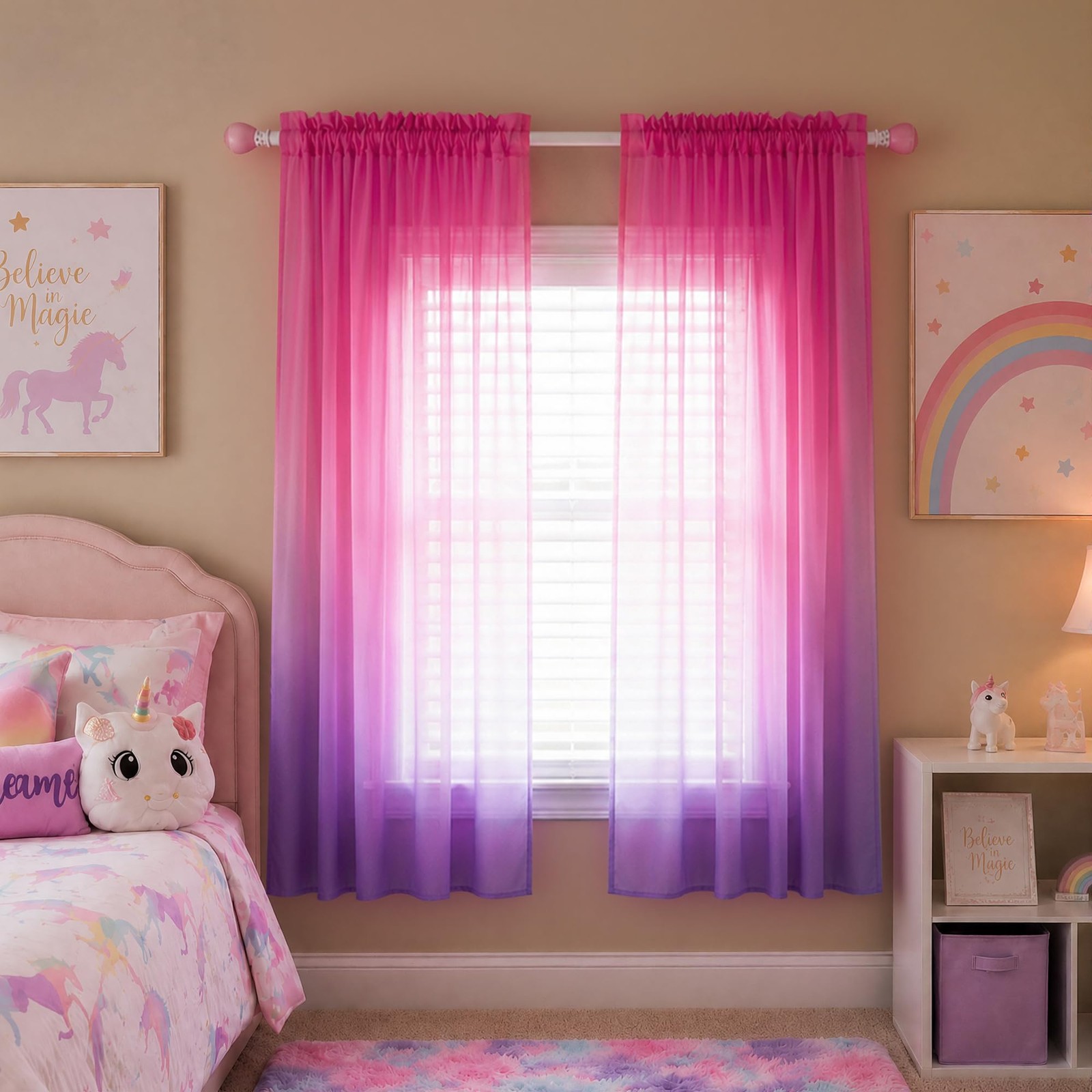 Pink and Purple Curtains for Girls Room Decor, Girly Whimsical Pastel Sheer K…