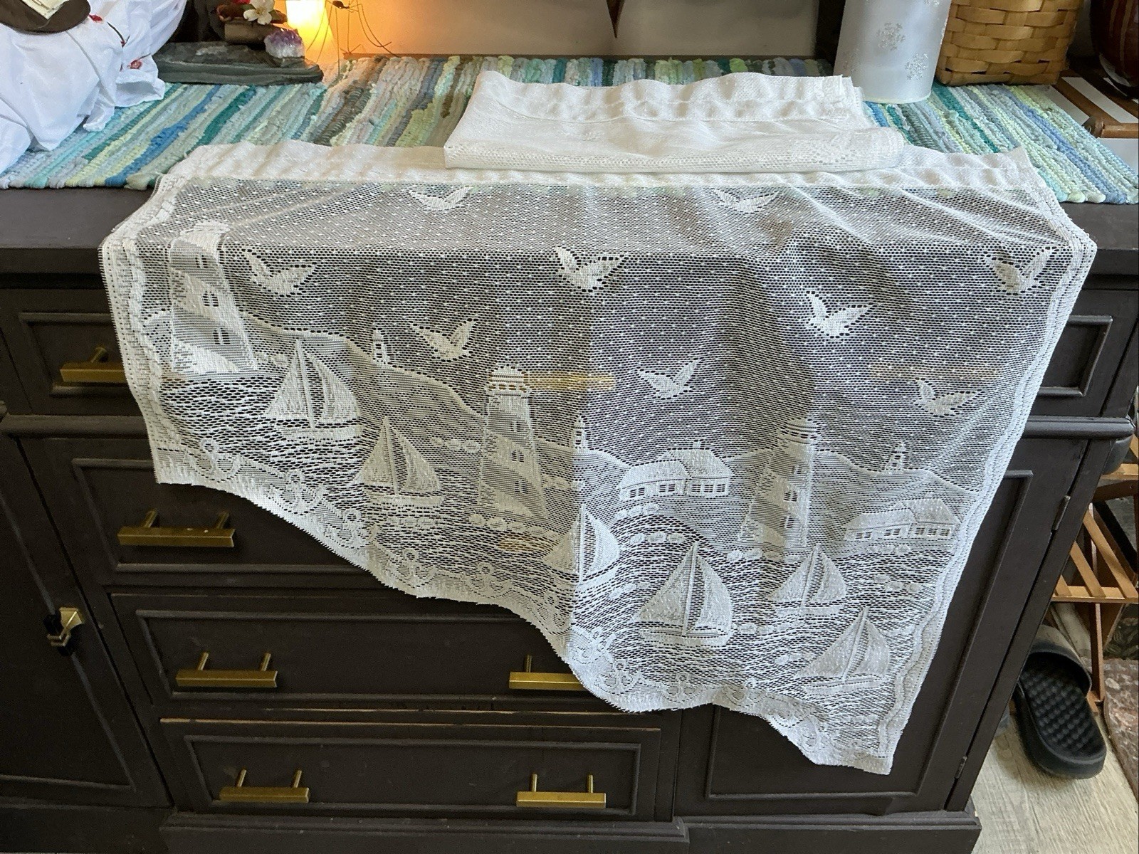 (2) White Lace LIGHTHOUSE Pair Swag Valance 34″L x 30″w A38
