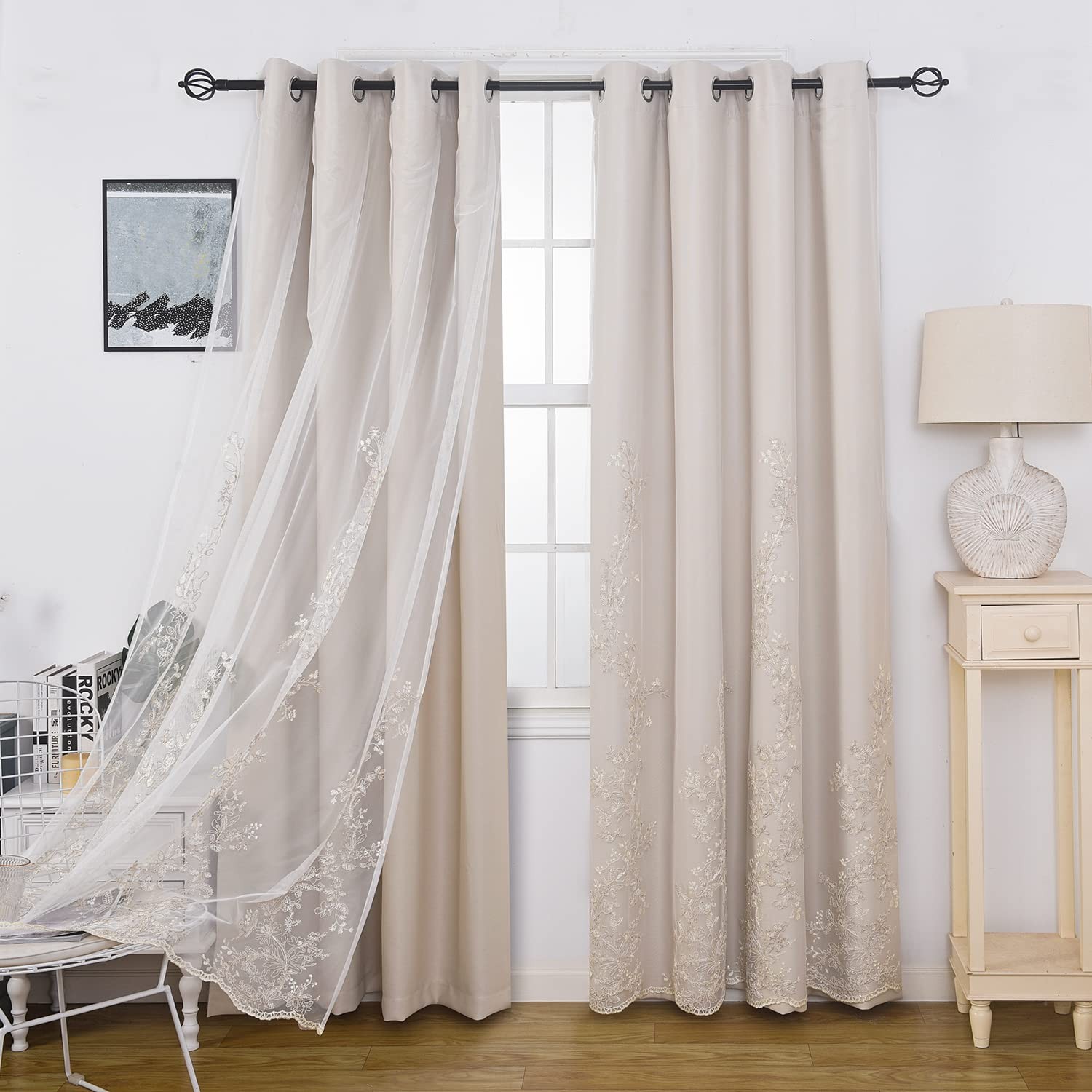 Double Layered Curtains with Embroidered White Sheer Tulle, Mix and Match Cur…