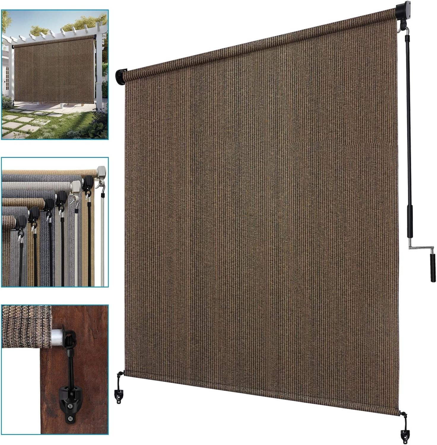 Outdoor Roller Shade 8×8 Mocha Patio Blinds Exterior Cordless UV Protection