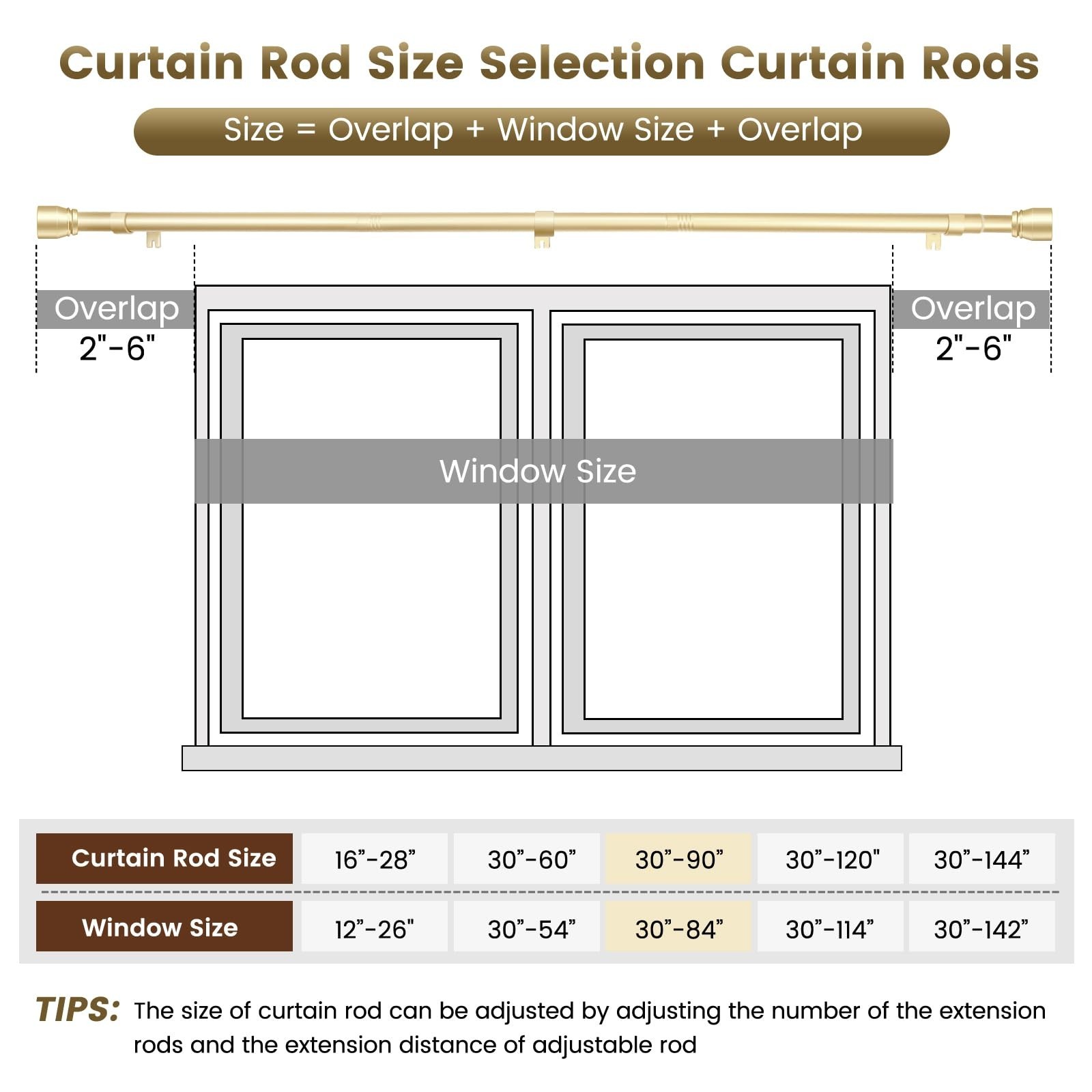 1” Diameter Gold Curtain Rods Itself is 30 to 90 inch, 1 Pack Fit 30-84 in