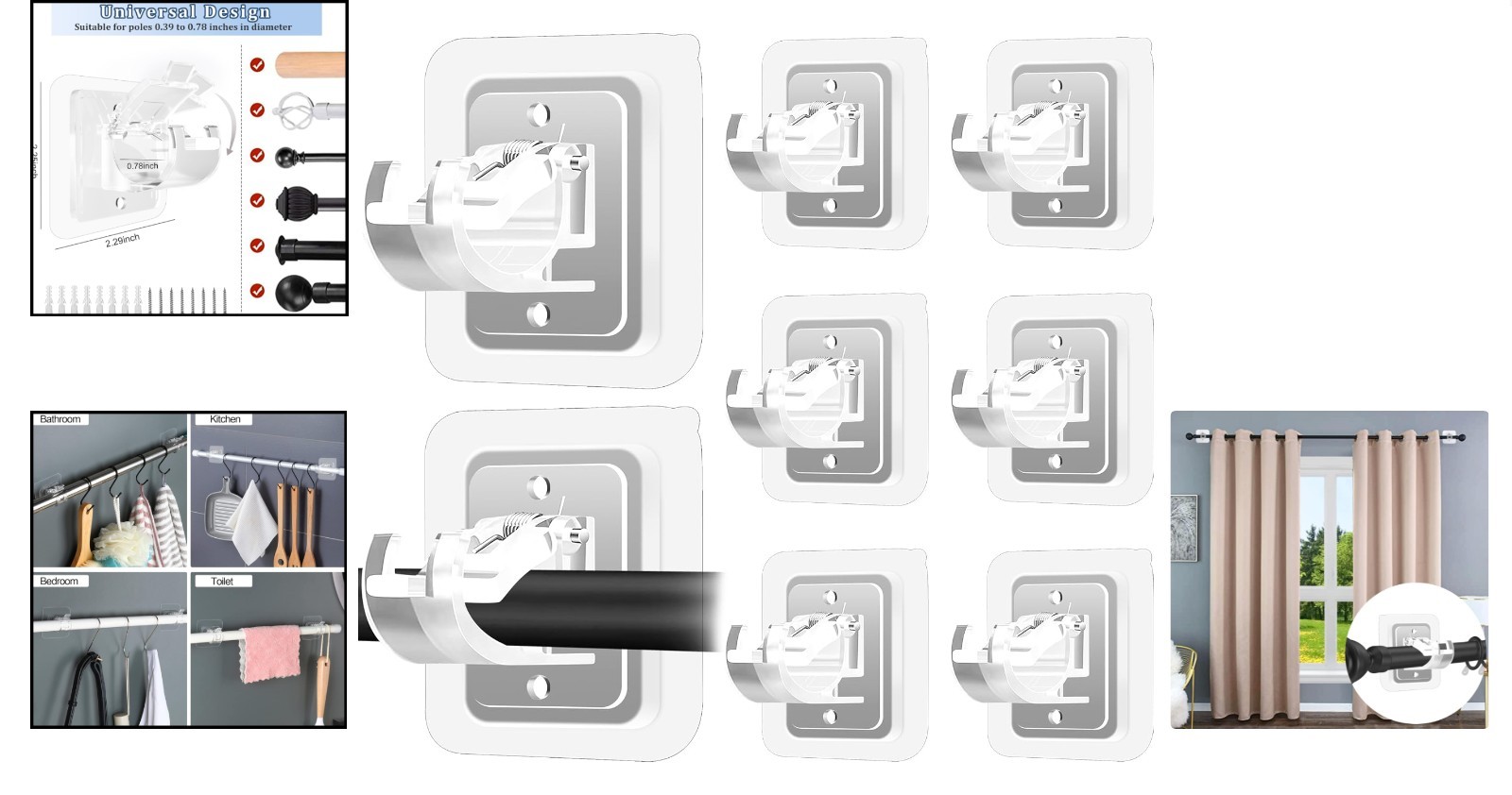Self Adhesive Transparent Curtain Rod Brackets Set for Bathroom and Home