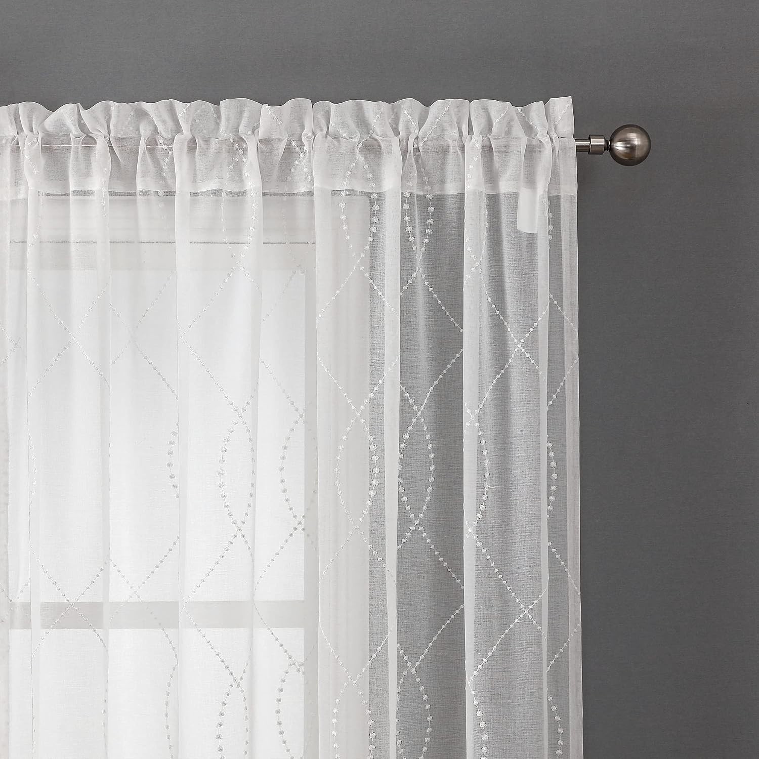 White Sheer Curtains Dots Moroccan Embroidered 84 Inches Long