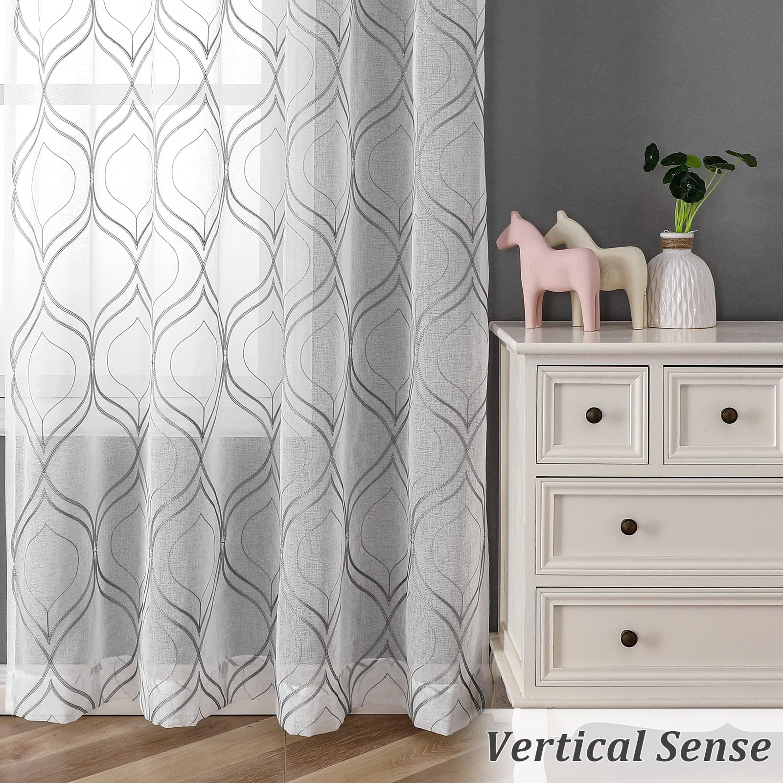 White Sheer Curtains Grey Moroccan Embroidered 63 Inch Length