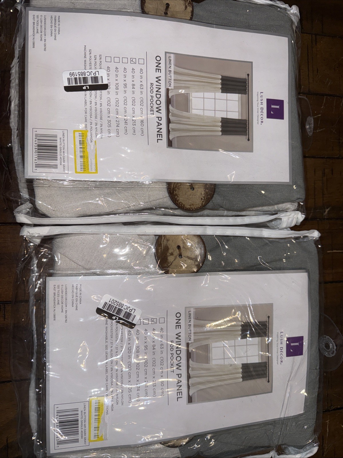 2 Linen Button Window Curtain Panels 40″ W x 84″ L, Dark Gray & Off White