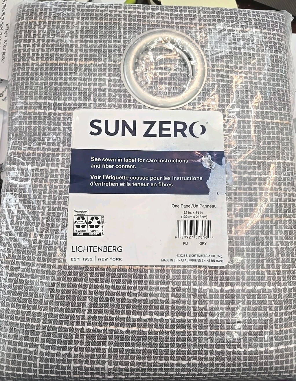 Sun Zero Kline Burlap Weave Thermal 52 in x 84in Blackout Grommet Curtain Gray