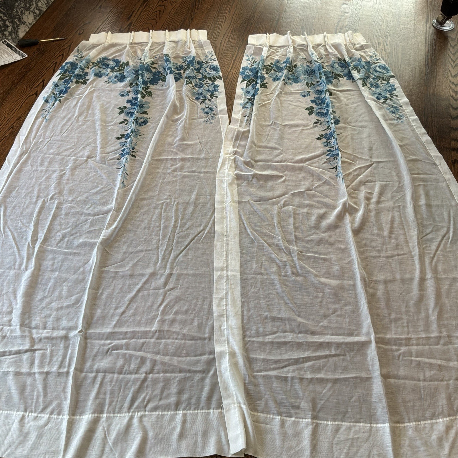 Set of 4 VTG 70s Blue Boho Floral Curtain Panels 82″ Cottagecore Grandma READ