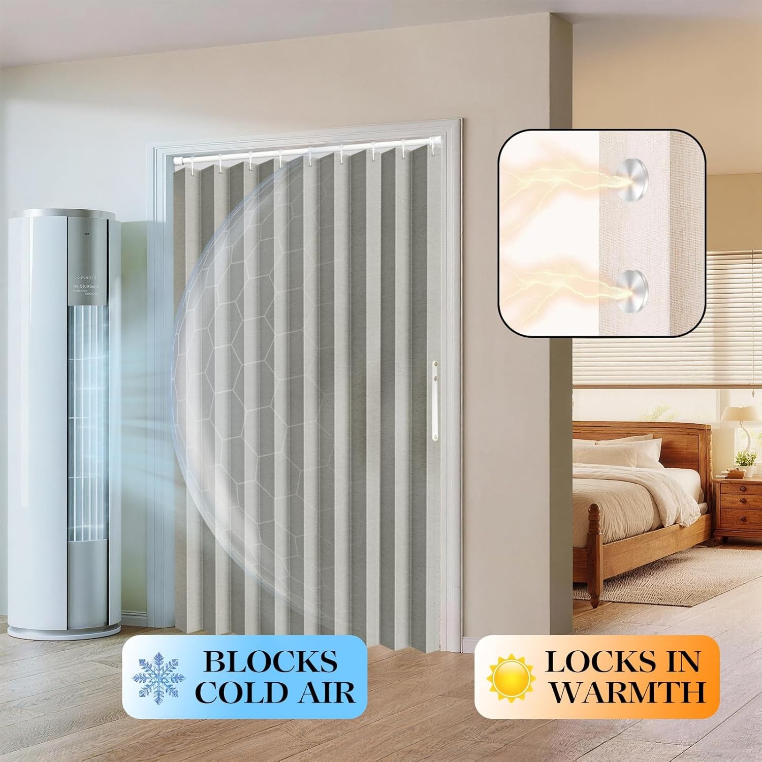 100% Blackout Fabric Folding Door Curtain Magnetic Closure Blockout Curtains