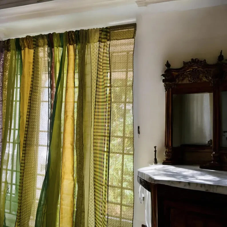 2 Pc Indian Old Recycle Silk Saree Boho Multi Curtain Door Drape Decor Curtain