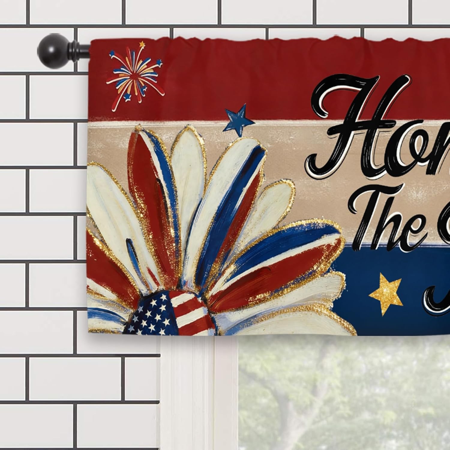 Independence Patriotic Kitchen Curtain Valance 54W x 18L Inch Blue Red 4th of Ju