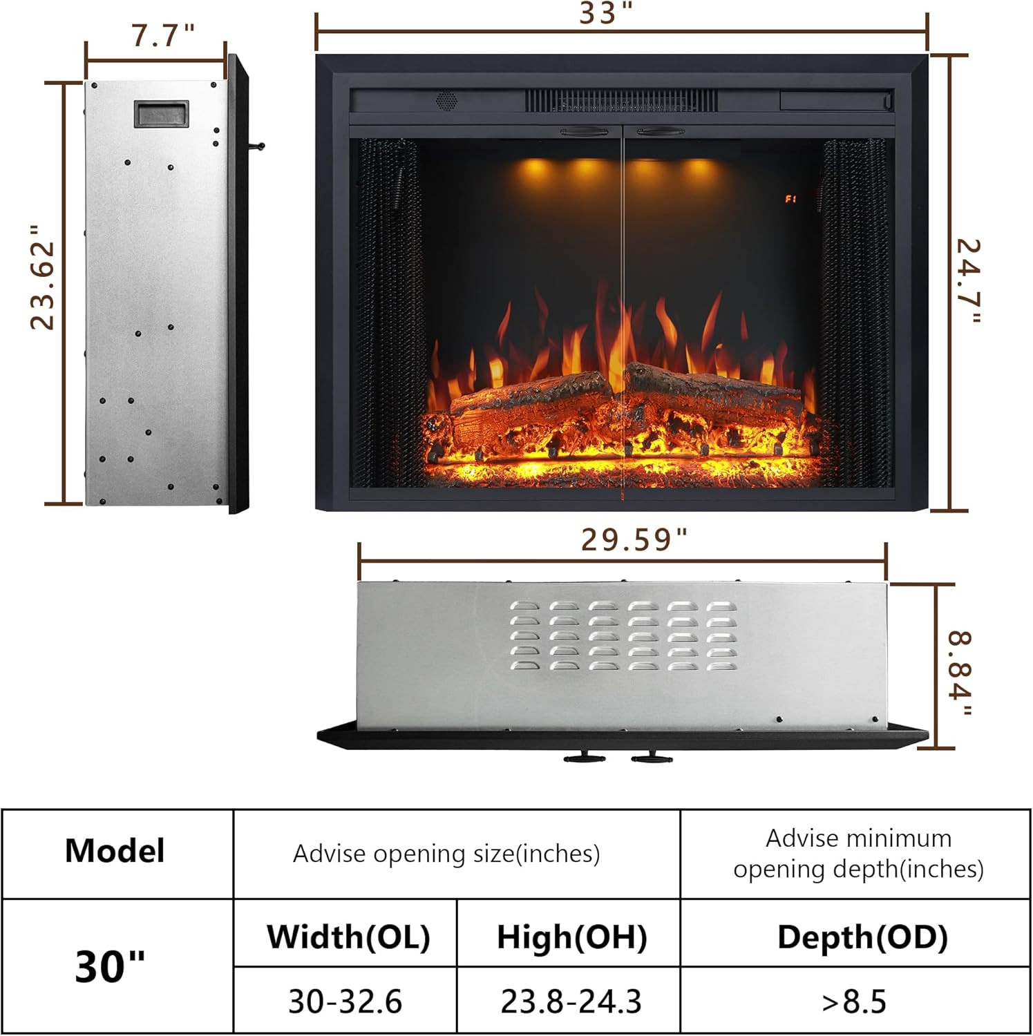 33” W Electric Fireplace Insert with Low/High Temperature Settings, Movable Mesh