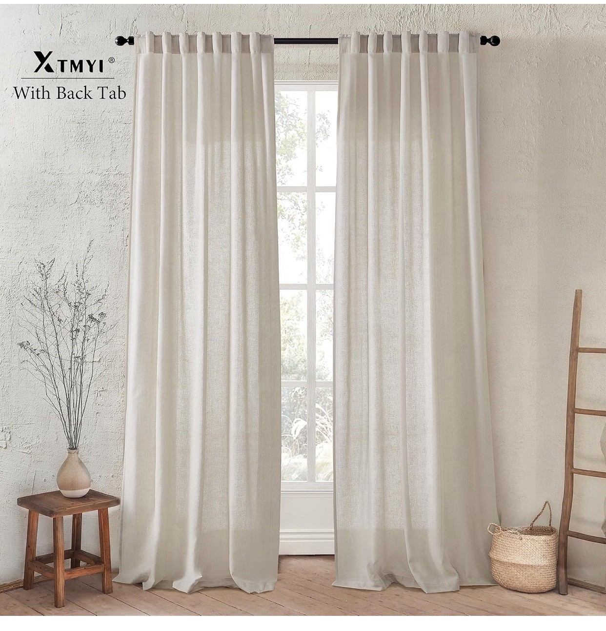 XTMYI Oatmeal Beige Back Tab/Hook Belt Linen Cotton Curtains 120”L(2 Panels set)