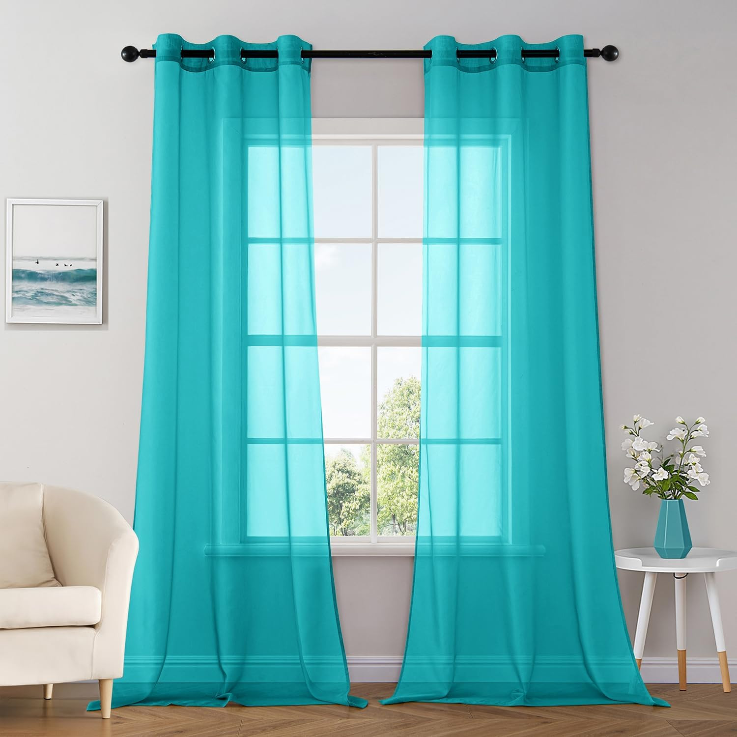 Solid Color Sheer Curtains 96 Inches Long 2 Panels Set – Elegant Lightweight Gro