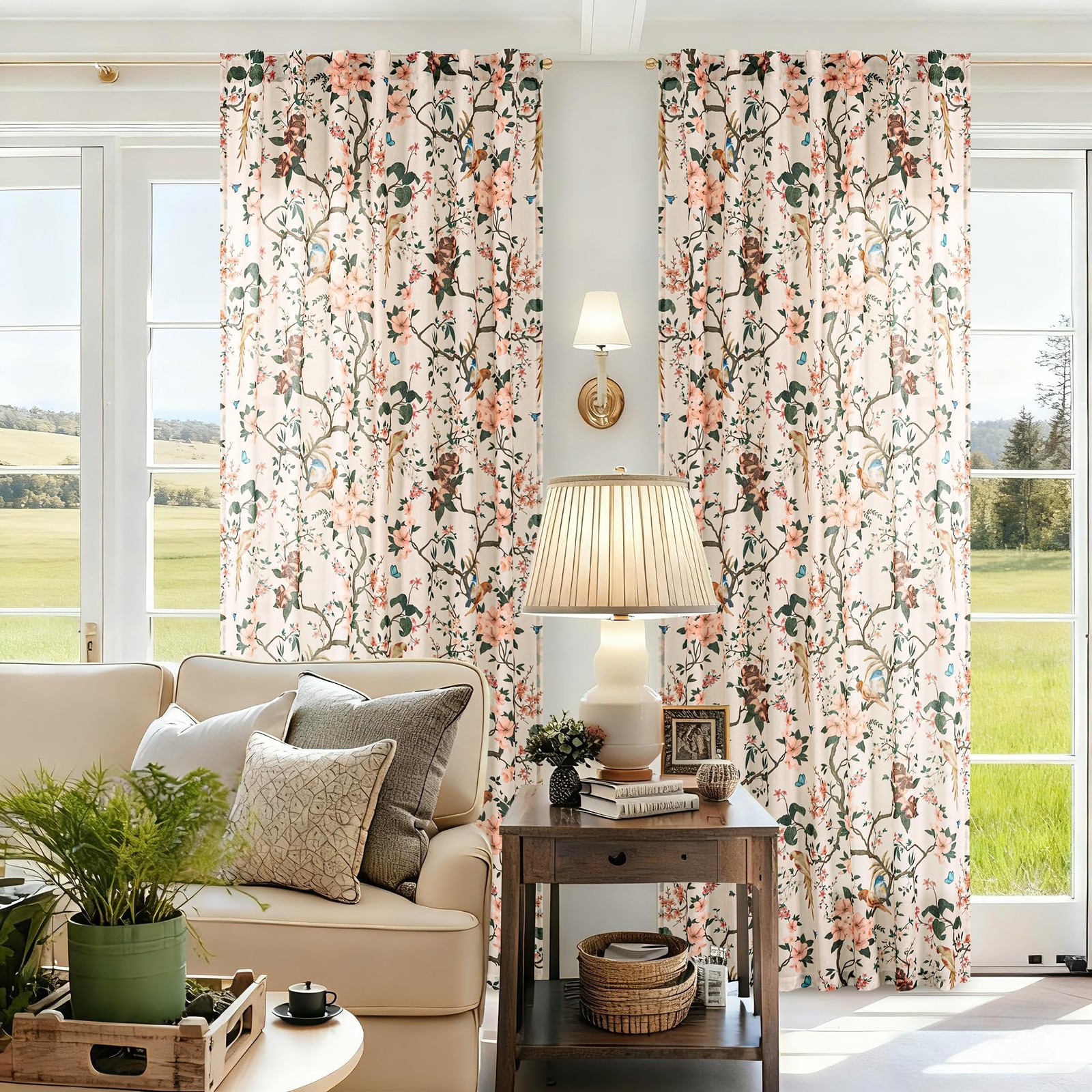 2 Panel 96″L Sand Beige Floral Linen Curtain Semi Sheer Light Filtering SEELUCK