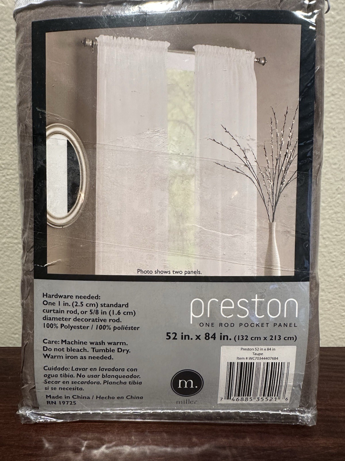 Miller Preston sheer light filtering rod pocket curtain panel 52 x 84in taupe