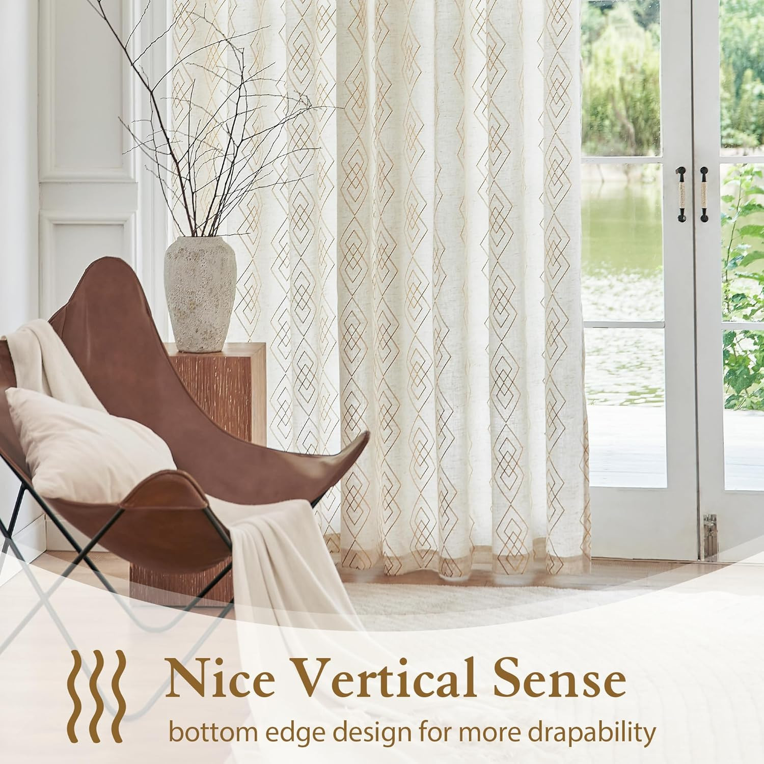 Linen Boho Curtains for Bedroom,63 Inch Length Curtains Gold Foil Metallic Strip