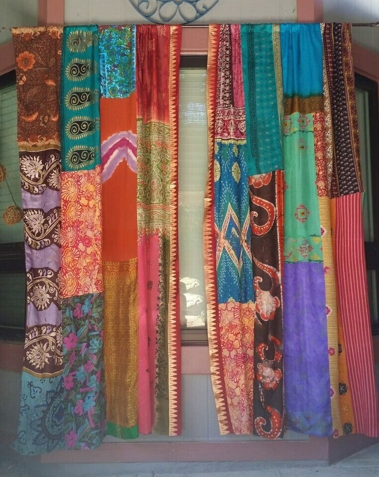 2 Pc Indian Old Silk Sari Saree Boho Multi Curtain Door Drape Decor Silk Drapes