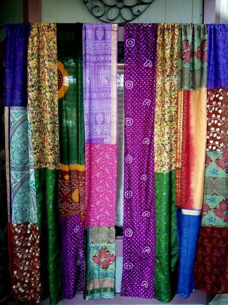 2Pc Indian Old Recycle Silk Saree Boho Multi Curtain Door Drape Decor Curtain