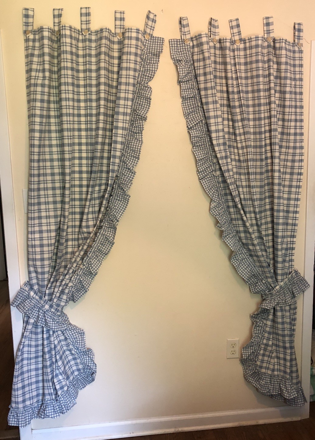 Cottagecore Set Of Curtains Blue White Plaid Ruffled Tab Top Each 80”L x 46”W
