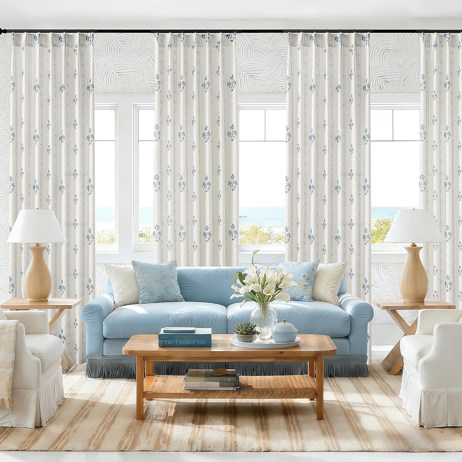 Blue Grey Pinch Pleated Floral Curtains 96 Inches Long for Living Dining Room Pi