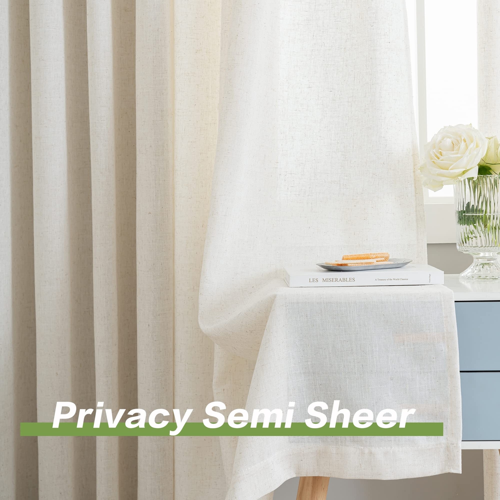 Pinch Pleated Curtains Light Filtering Faux Linen Curtains, Semi Sheer Curtai…