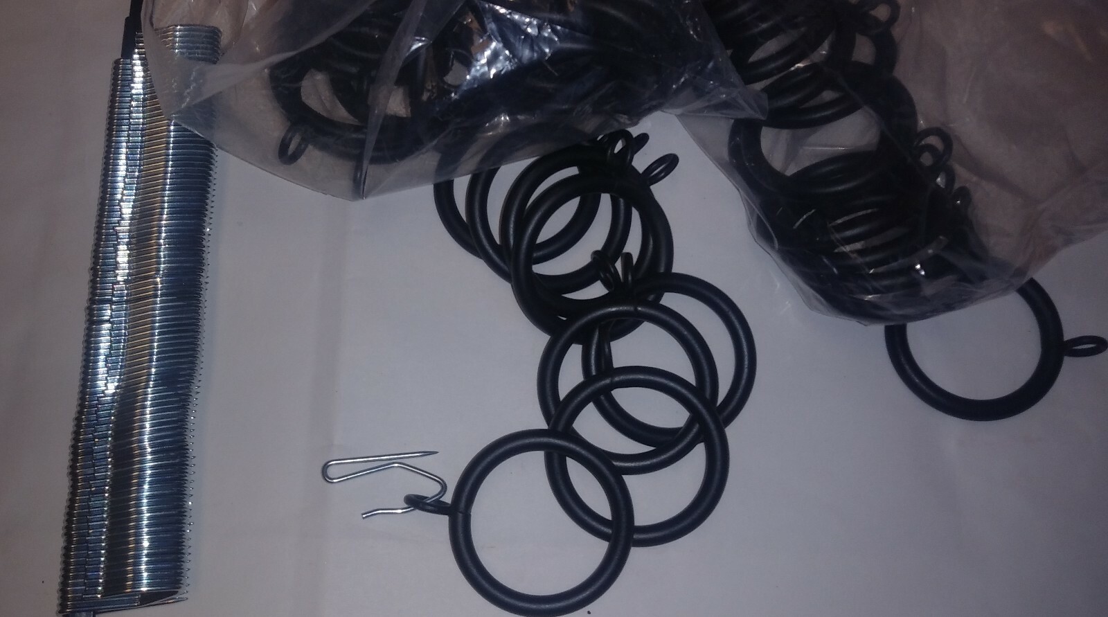 1-1/2″ BLACK IRON drapery curtain drape rings with eyelet – PACK of 18 + hooks