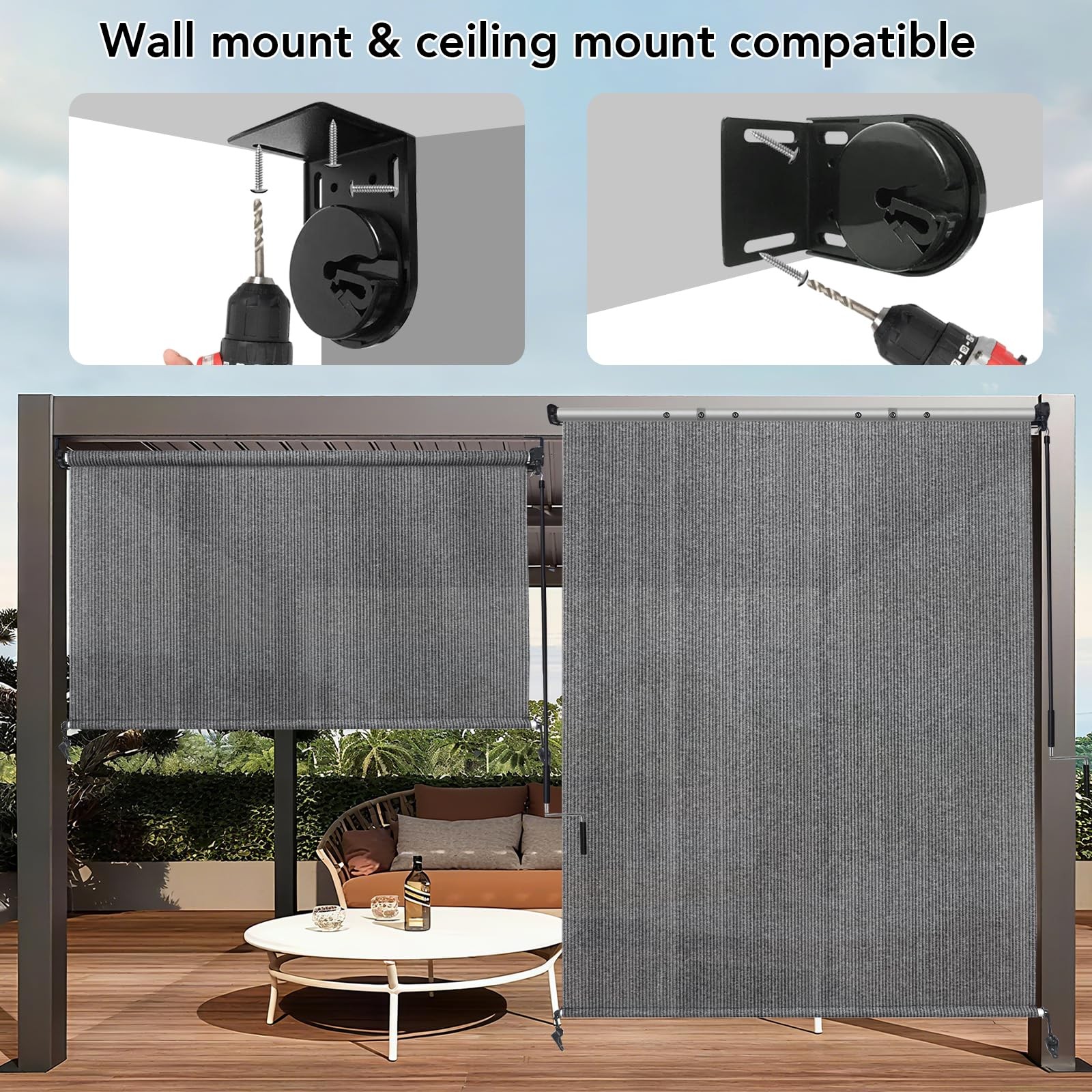 10′(W) x8′(H) Light Grey Outdoor Roller Shade for Patio