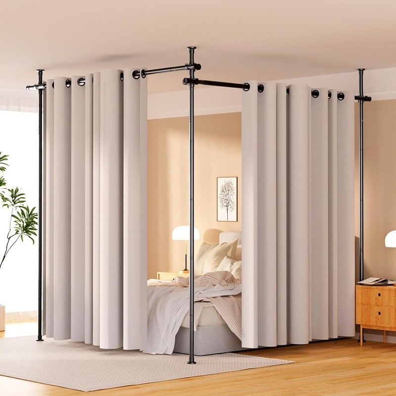 No Drill Room Divider Curtain Rod Adjustable Tension Mounted Easy Installation