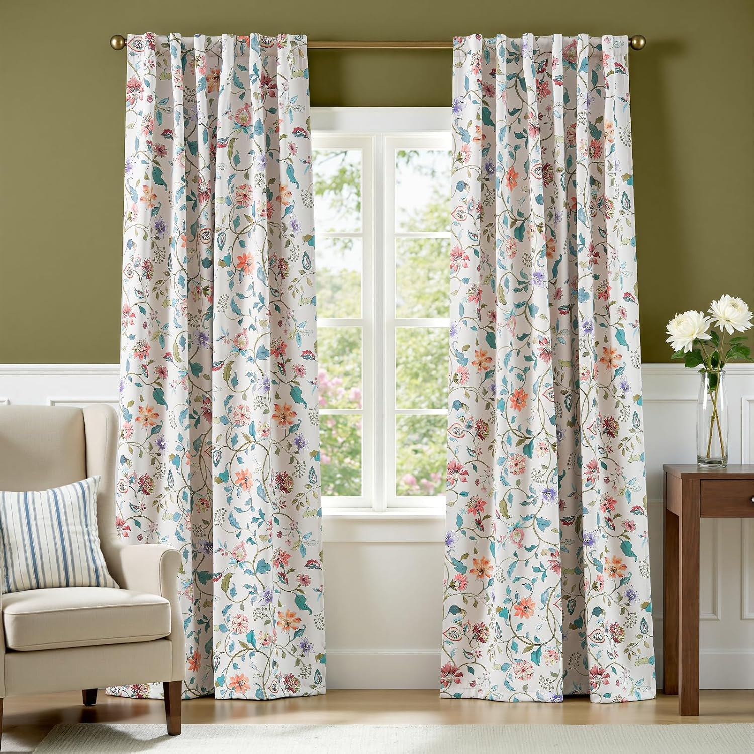 Hattie 95% Blackout Curtains Beige Floral Curtains 84 Inch Length Cream Drapes f