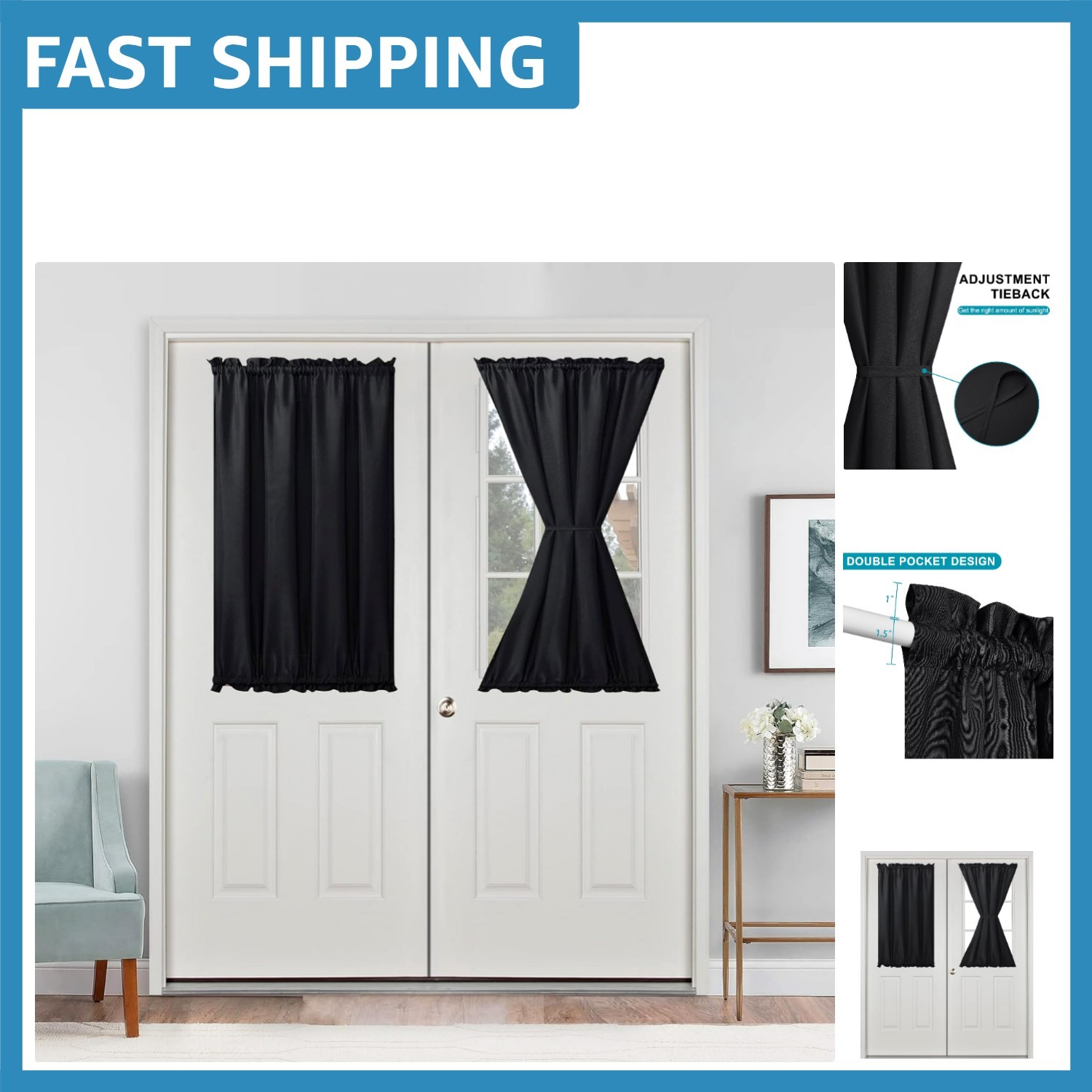 Elegant Black French Door Curtains for Small Windows – 24W x 40L Inch Panel