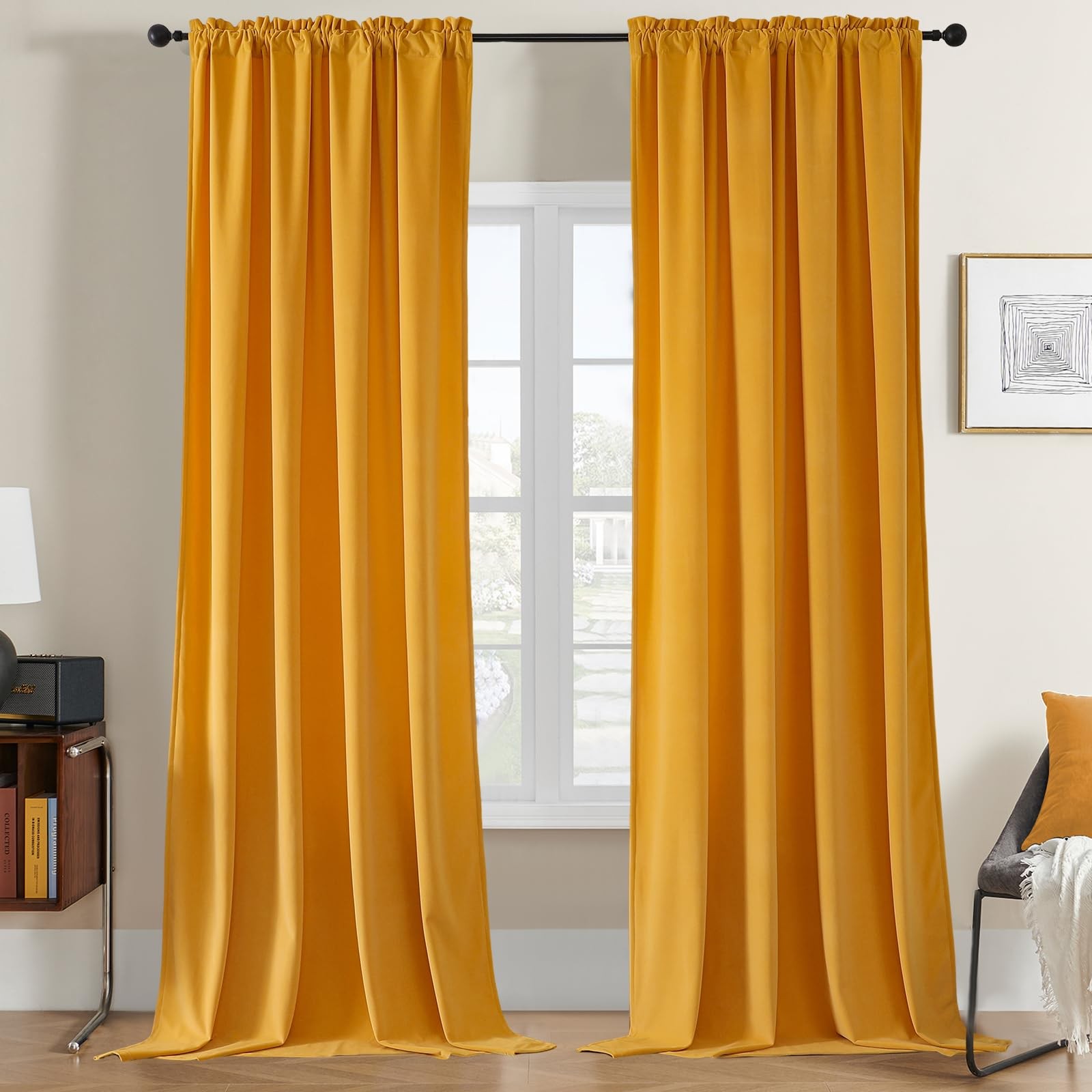 Golden Yellow Velvet Blackout Curtains 52 W x 96 L Pack of 2 Rod Pocket Panels