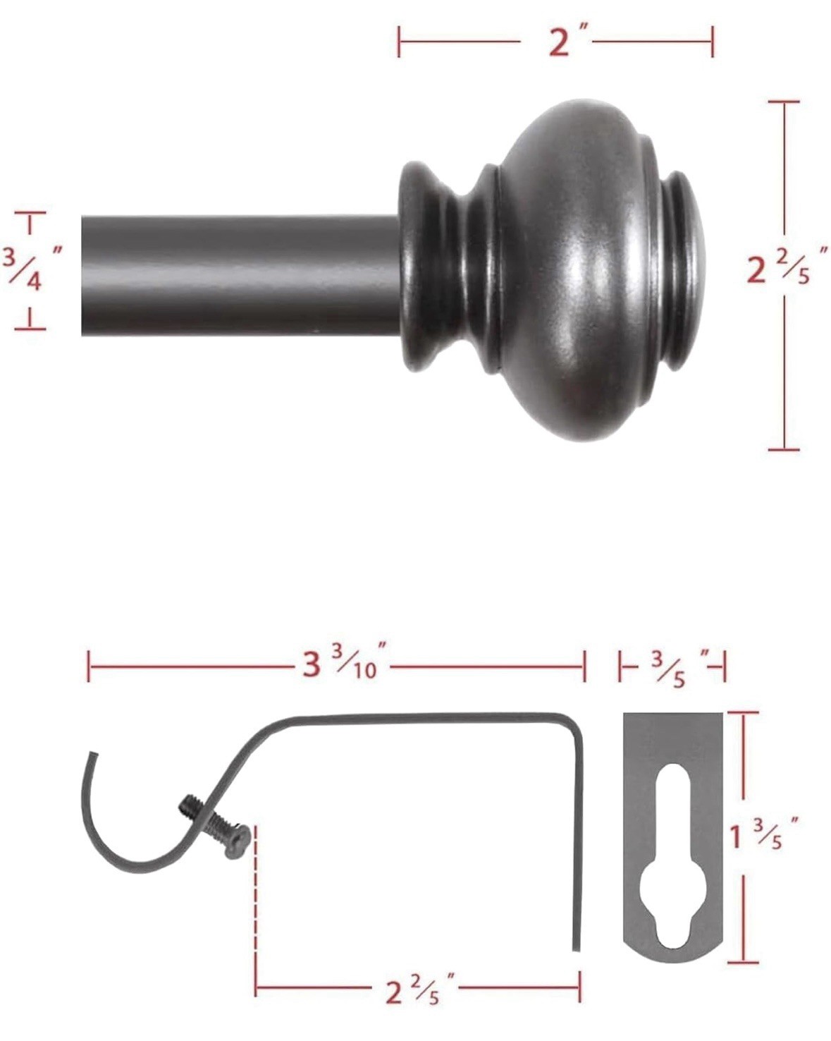 Decorative Adjustable Pewter Silver Single Drapery Curtain Rod 16-28”
