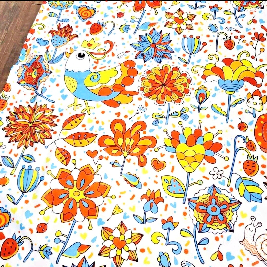 2 Curtain Panels. Whimsical Flowers & Birds. 63″x42″ Rod Pocket. Unbranded.