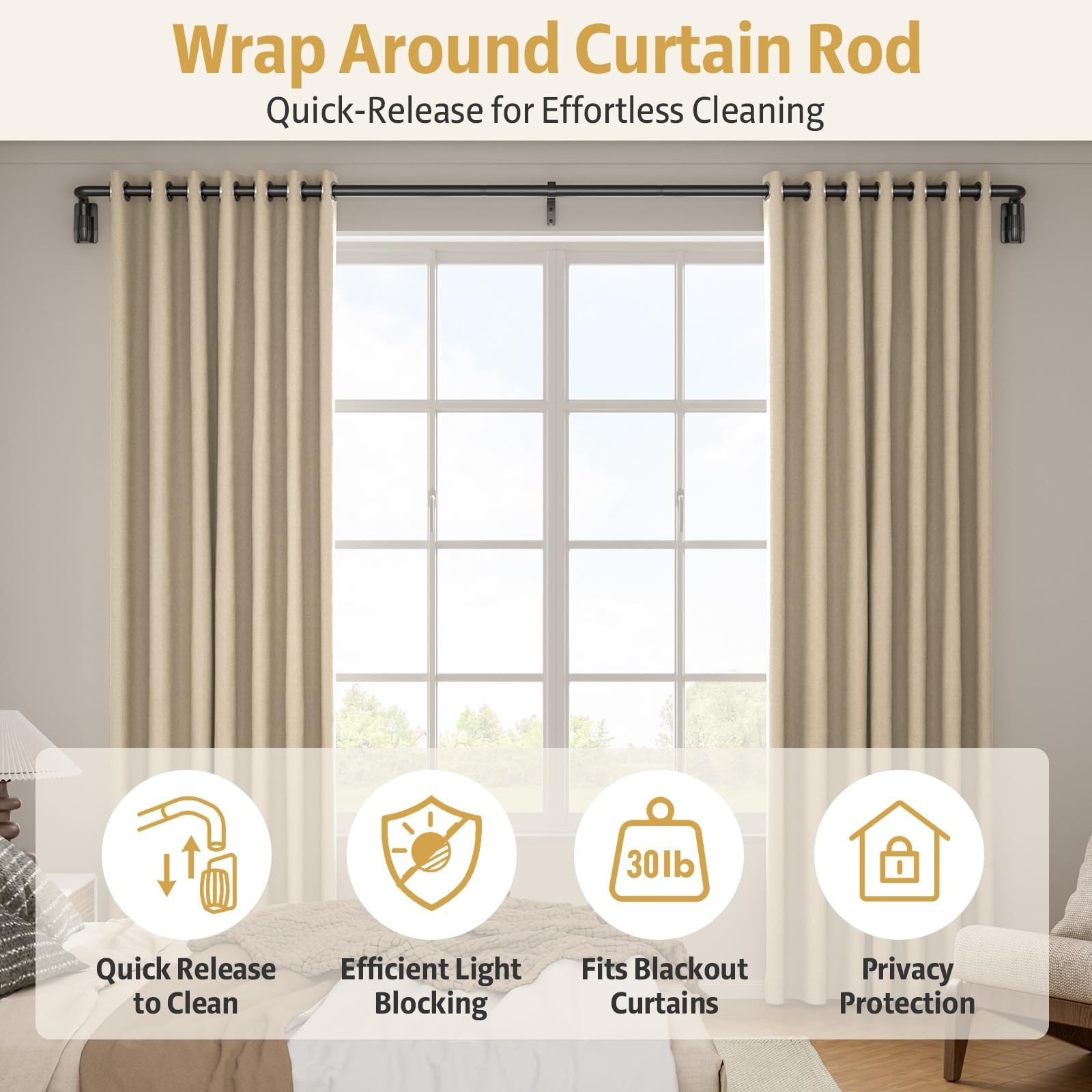 Black Curtain Rods for Windows 48 to 84 Inches, Quick-Release 1″ Adjustable B…