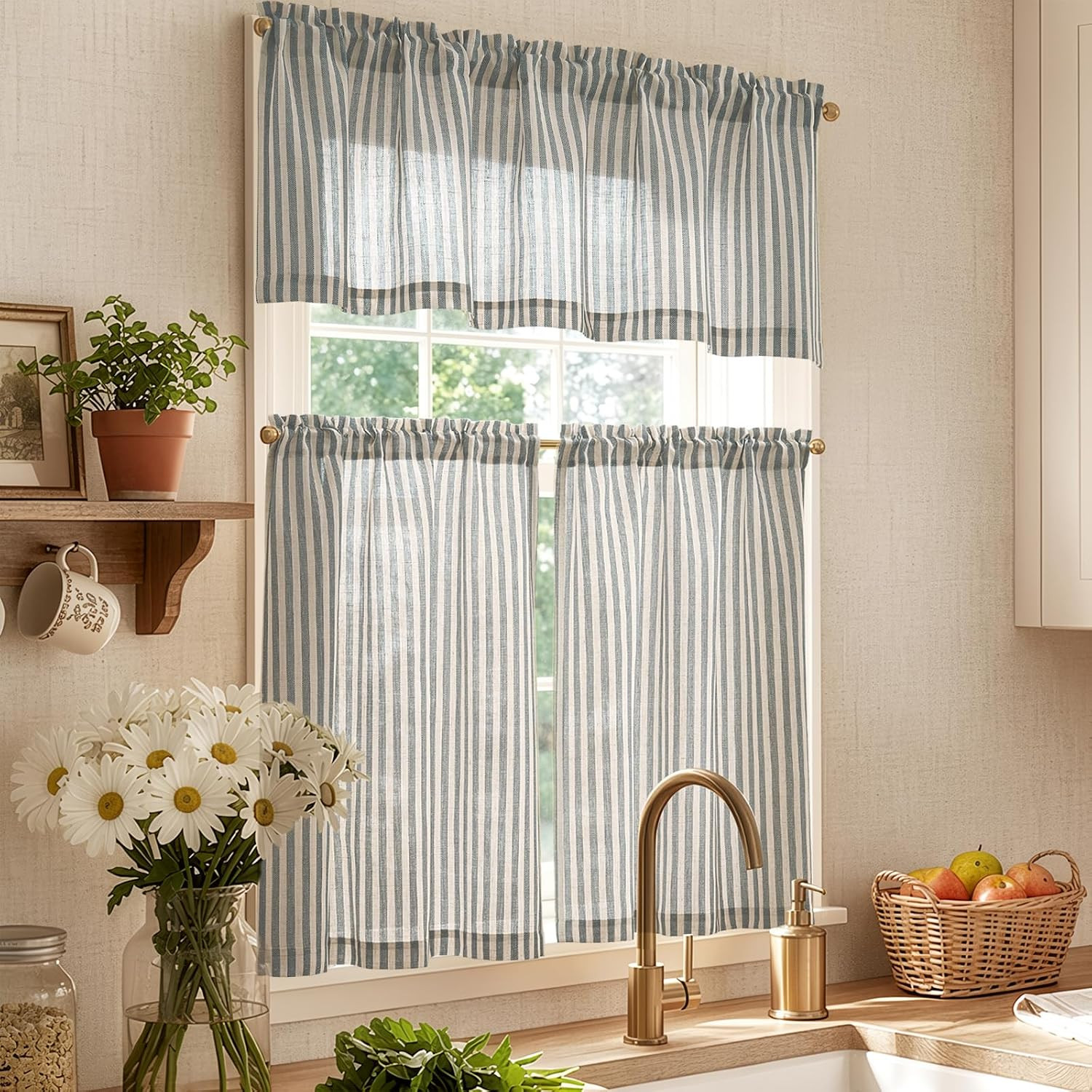 Kitchen Curtains and Valances Set Striped Tier Curtains Ticking Stripe Linen Cu