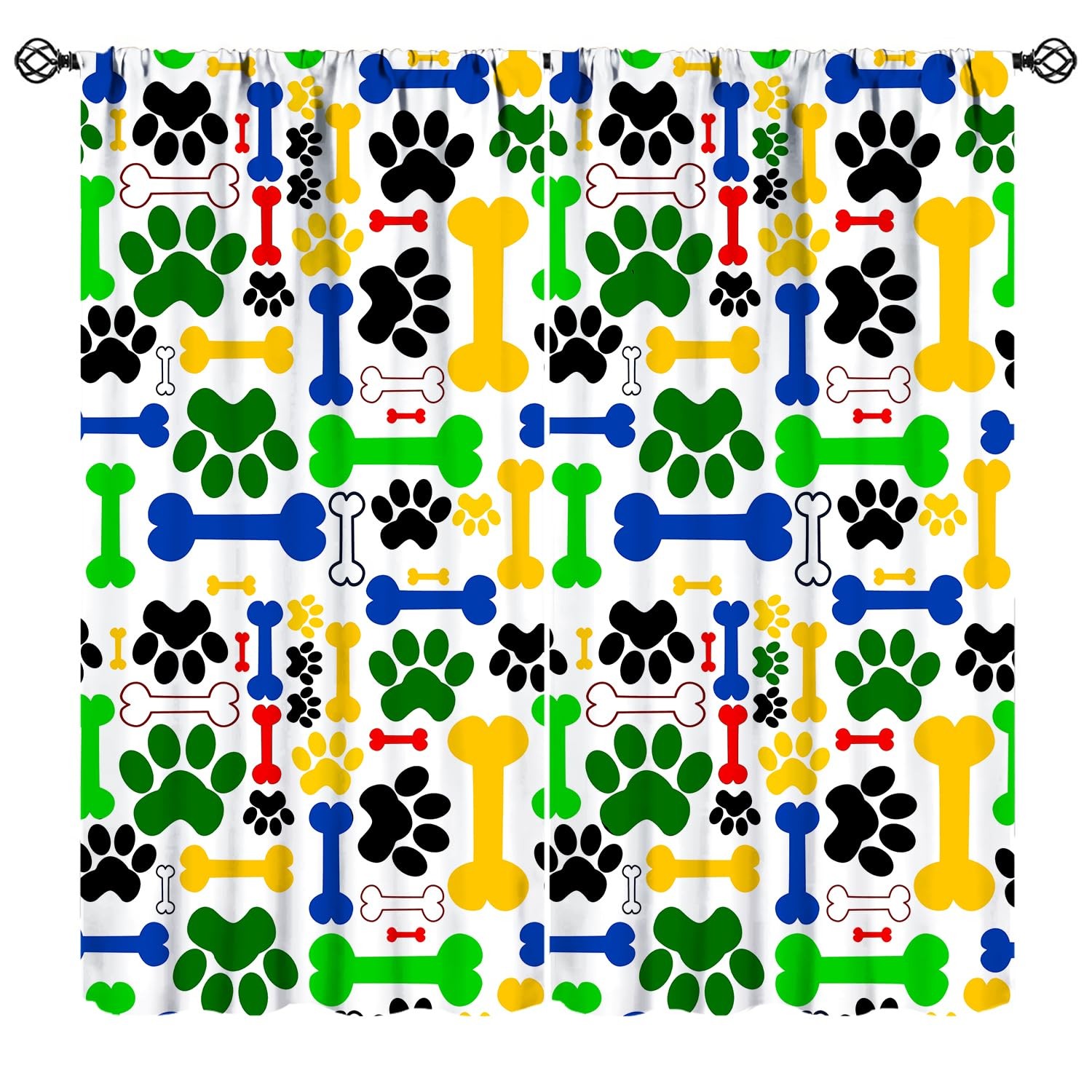 Dog Paw Printed Curtains, Cartoon Rainbow Dog Paw and Bone Window Curtains fo…