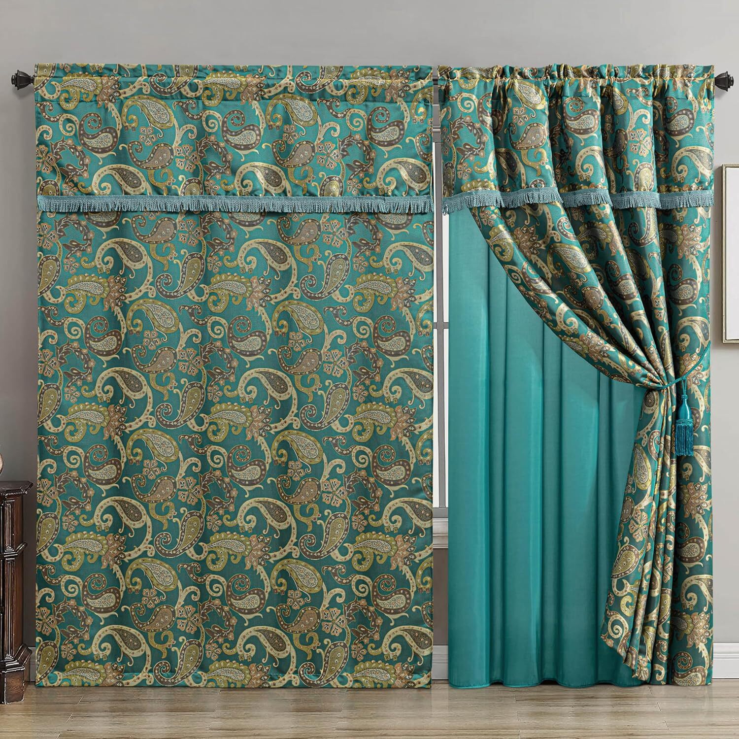 Chezmoi Collection Adelle 4-Piece Paisley Jacquard Embroidery Window Curtain Set
