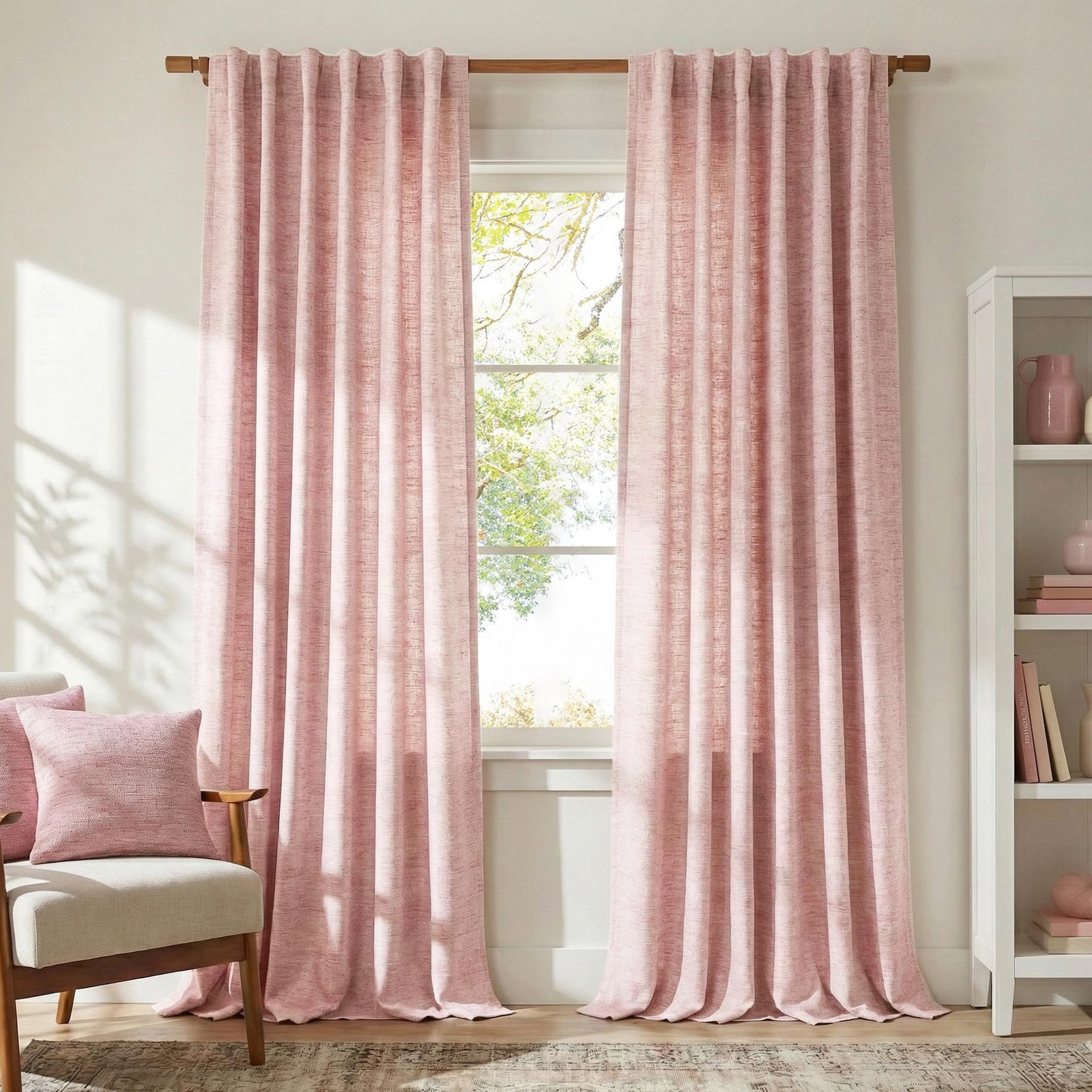 Semi Sheer Pink Curtains for Girls Room 96 inches Long, Rod Pocket & Back Tab…