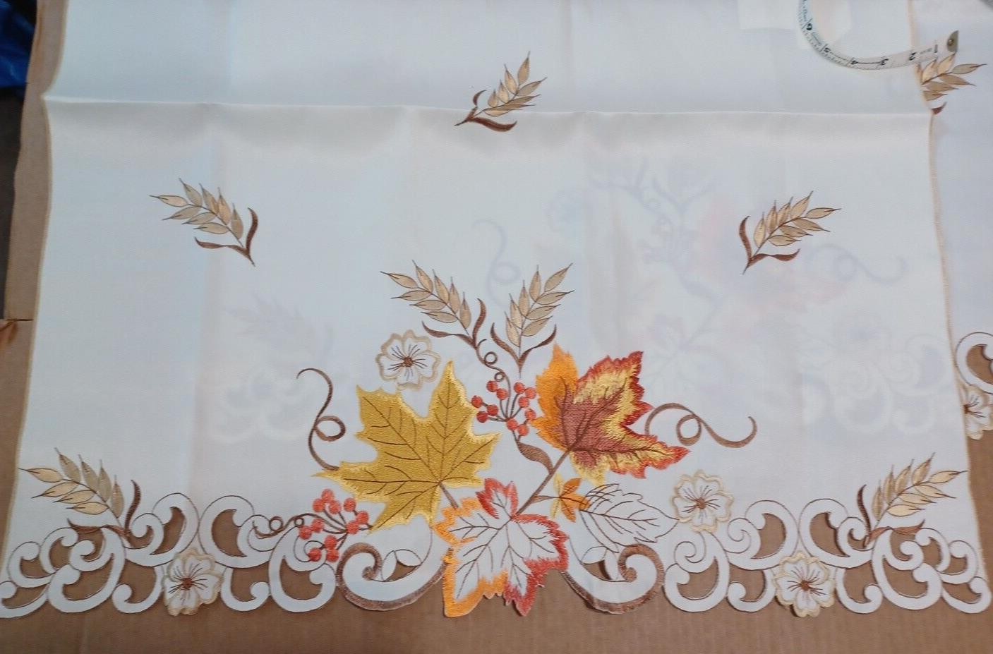 Autumn Fall Leaf Cafe Tier 2 Curtains 24″Length Pair Scallop Embroider Set