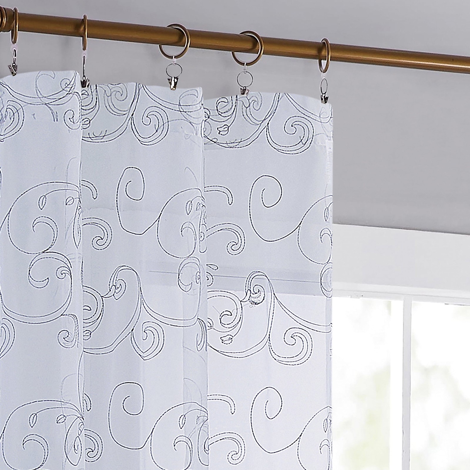 Scroll Rod Pocket Sheer Curtain Panel, 1-Piece, White/Grey, 38″ W x 63″ L