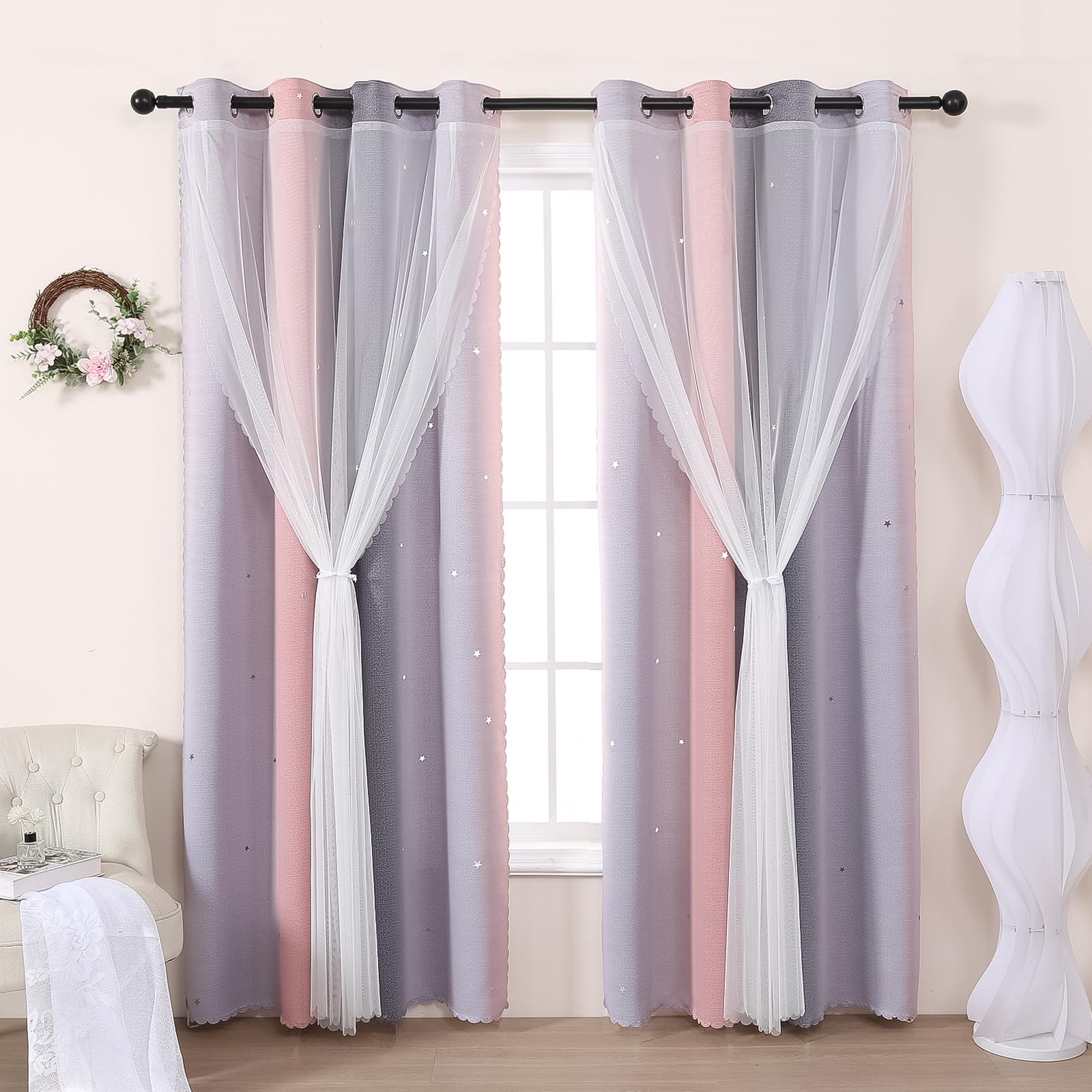 Grey And Pink Curtains Kids Curtains For Bedroom Star Blackout Window Curtain Fo