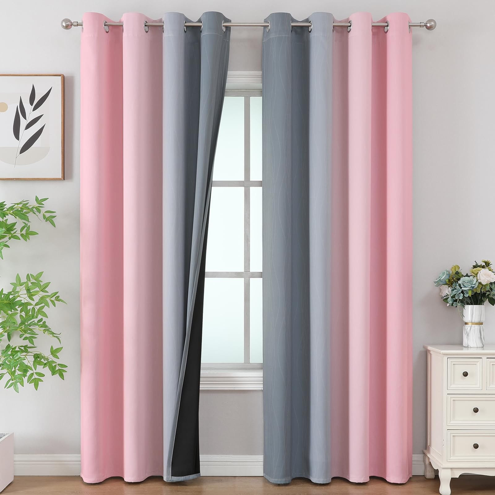 Pink and Grey Blackout Curtains 84 inch Length,Ombre Full Room Darkening Window