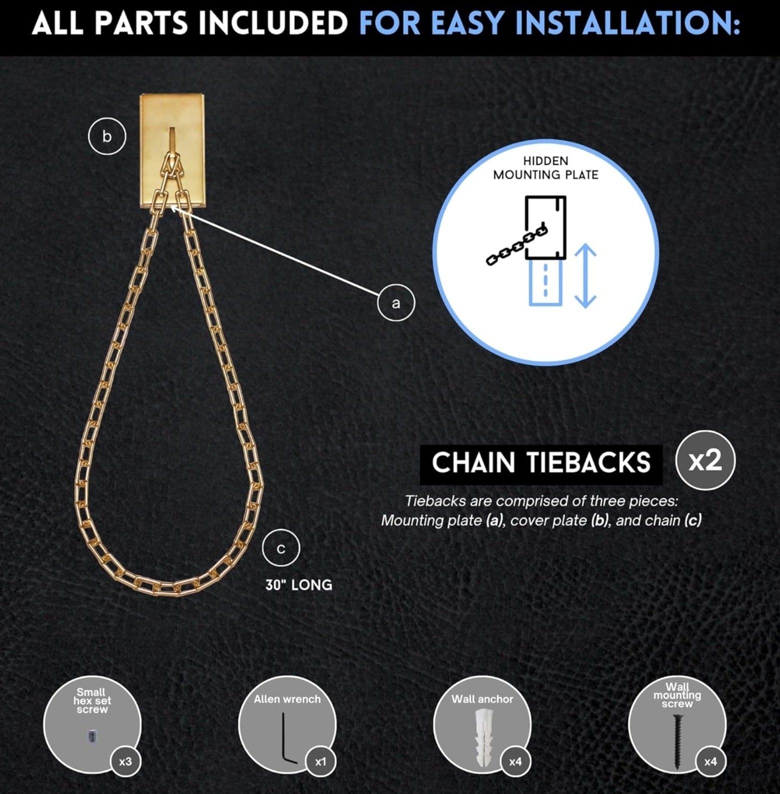 BlastHome Luxury Chain Tieback Premium Metal Wall Mounted Curtain Holdbacks 30″
