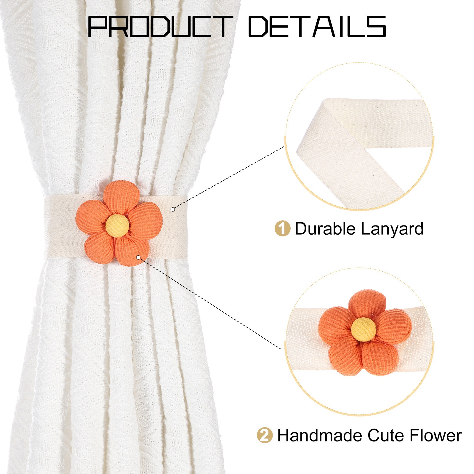 Curtain Tiebacks, 2 Pack Cute Flower Curtain Ties, Five-petal Orange