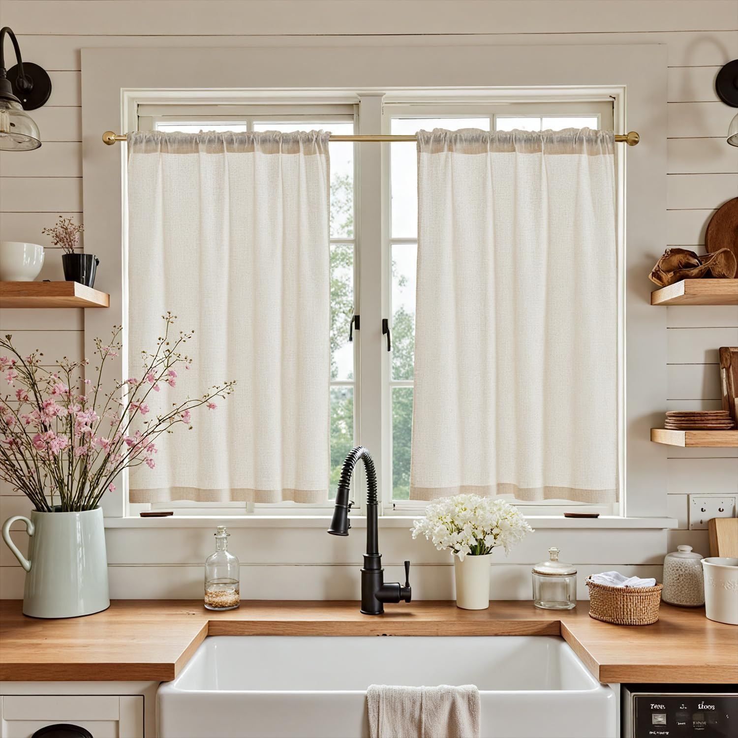 jinchan Beige Kitchen Curtains Linen Tier Curtains 36 Inch Farmhouse Cafe Drapes