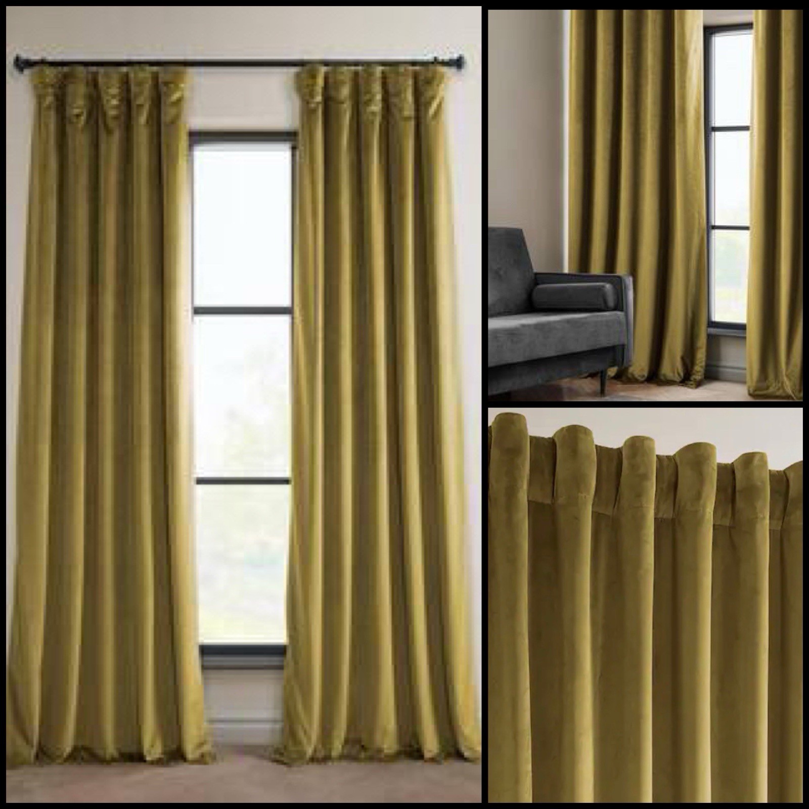 West Elm Velvet Blackout Peat Green Gold Luxurious Plush Curtain Panels 48×84