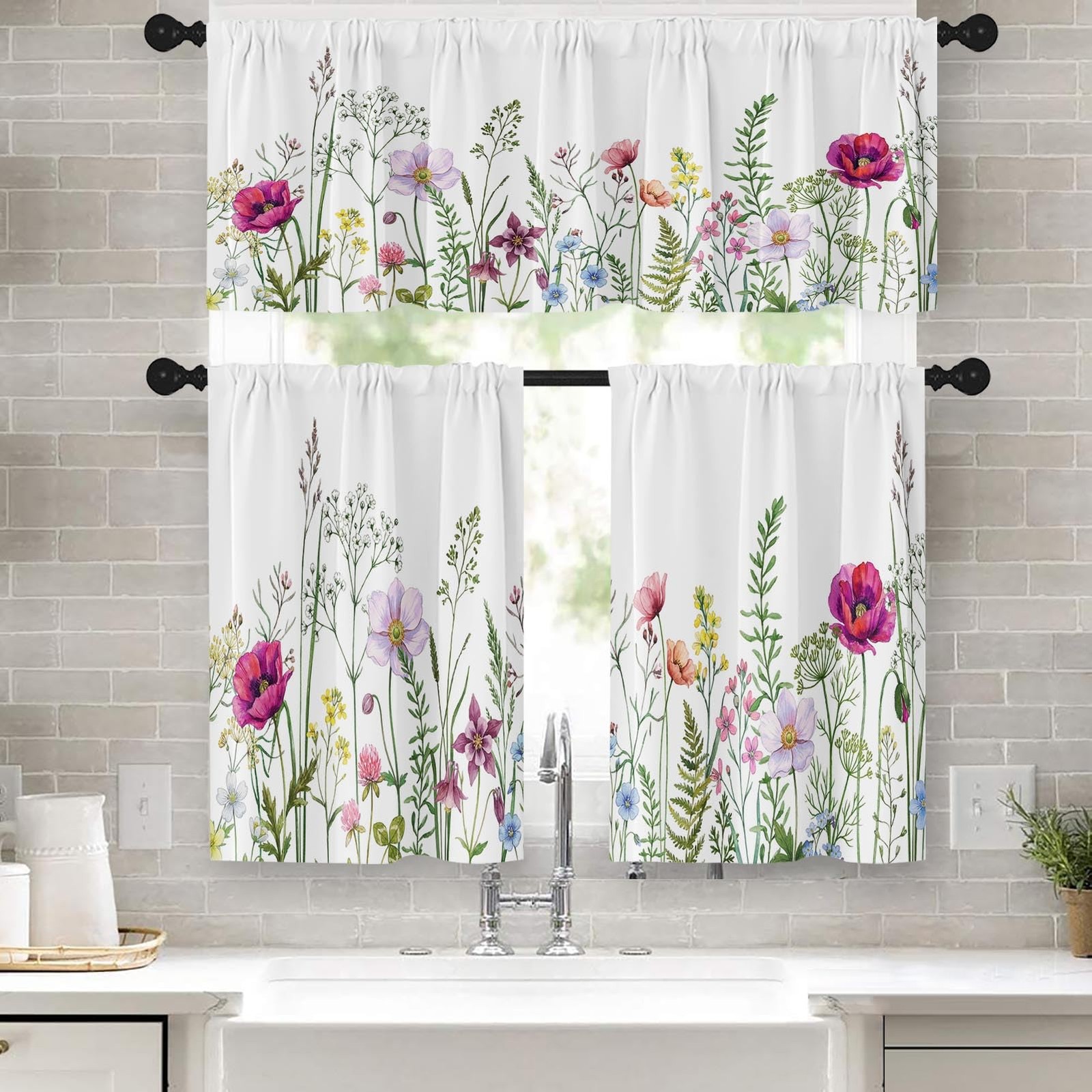 Spring Flower Kitchen Window Curtains Valance and Tier Set 36 Inch, Pink and …