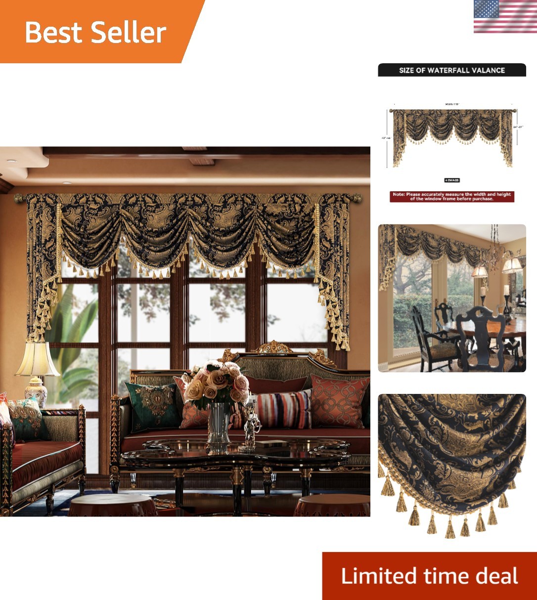 Waterfall Valance Curtain Damask Jacquard Black Window Treatments for Living …