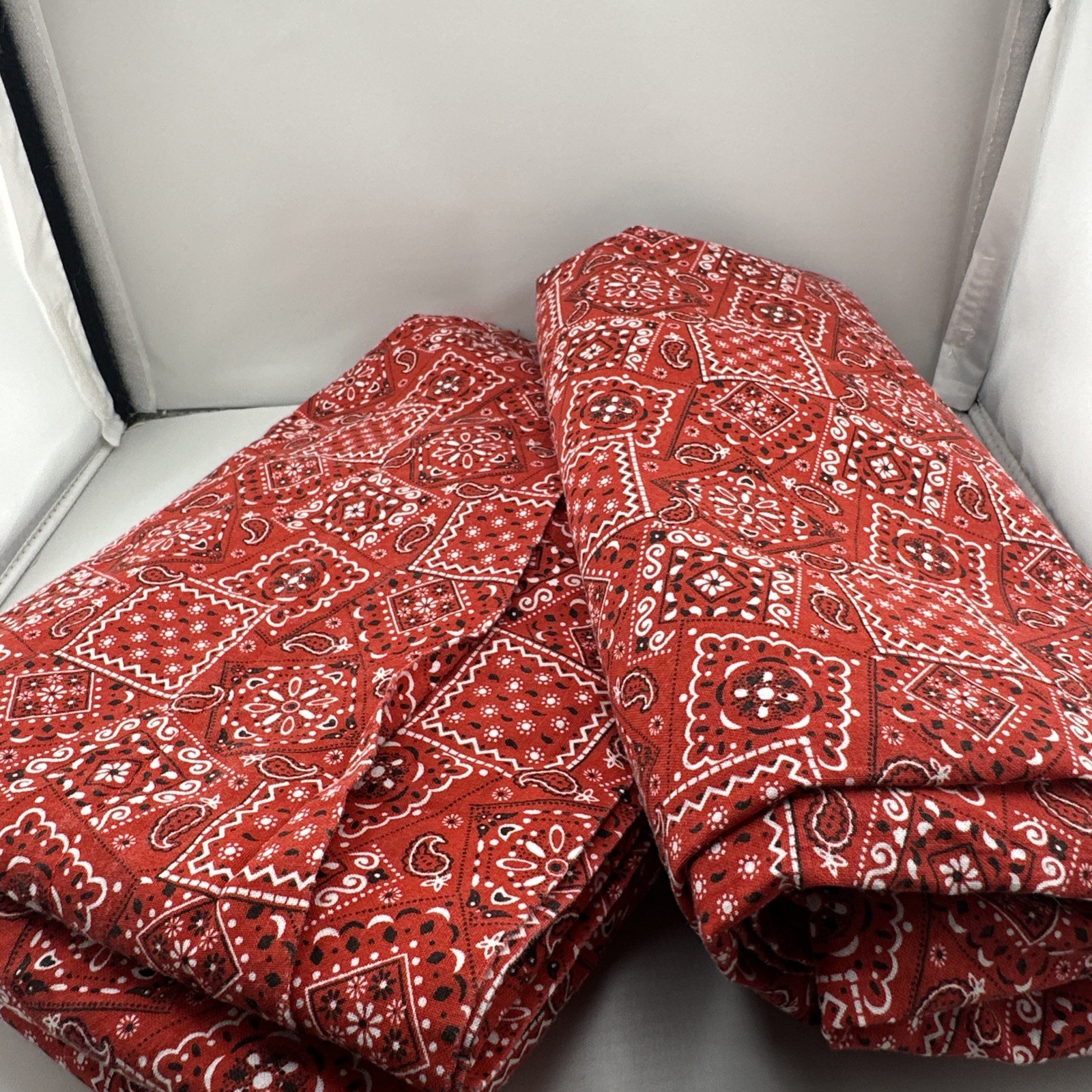 2 Curtains Bandana Style Red Paisley 43 1/2 Wide 7 Feet 10 Inches Long